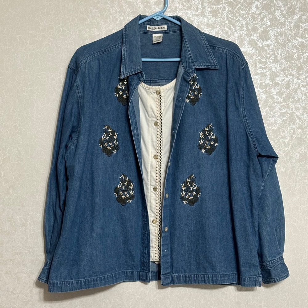 Maggie & Max Embroidered Layered Look Denim Shirt 100% Cotton Boho Blue Cream 1X